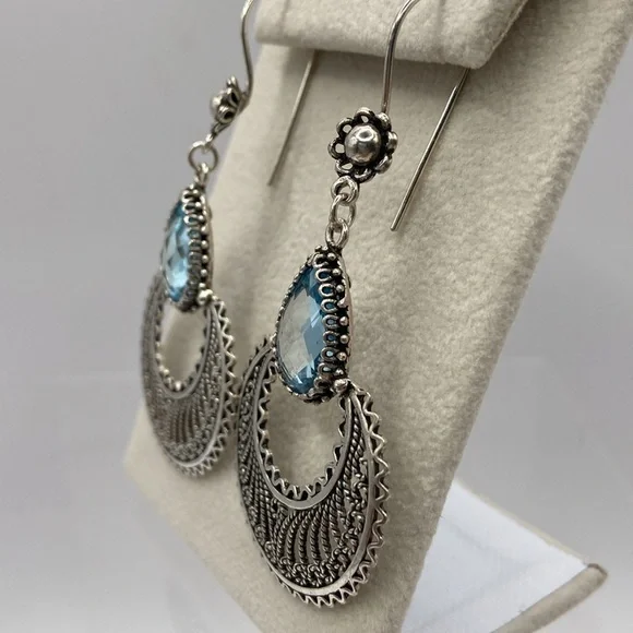 Hand Crafted Sterling Silver Blue Topaz Gemstone Earrings Pierced - Picture 4 of 12